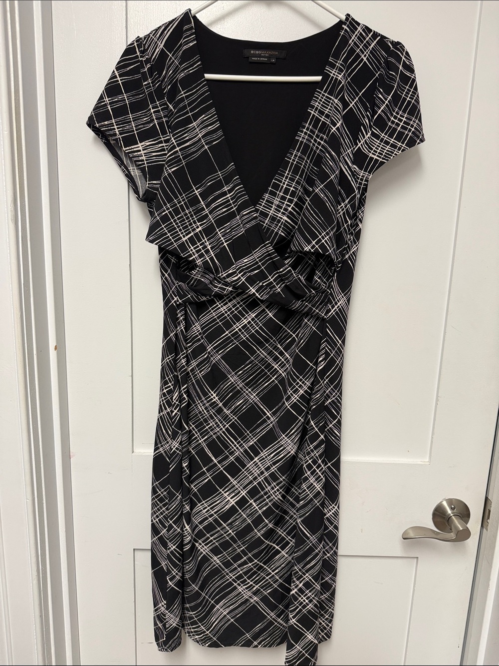 BCBGMaxAzria Black and White Plaid Faux-Wrap Dress